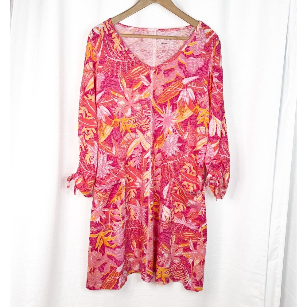 Escape by Habitat Dress L Pink Floral Lagenlook Resort Vacation Pocket Tunic EUC